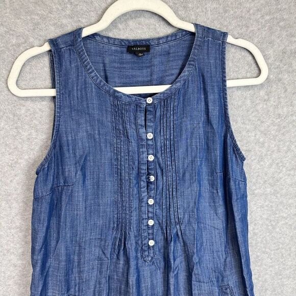 Talbots Women's Baby Doll Dress Blue Chambray Button Pockets Size 2‎ Lagenlook - Picture 2 of 9